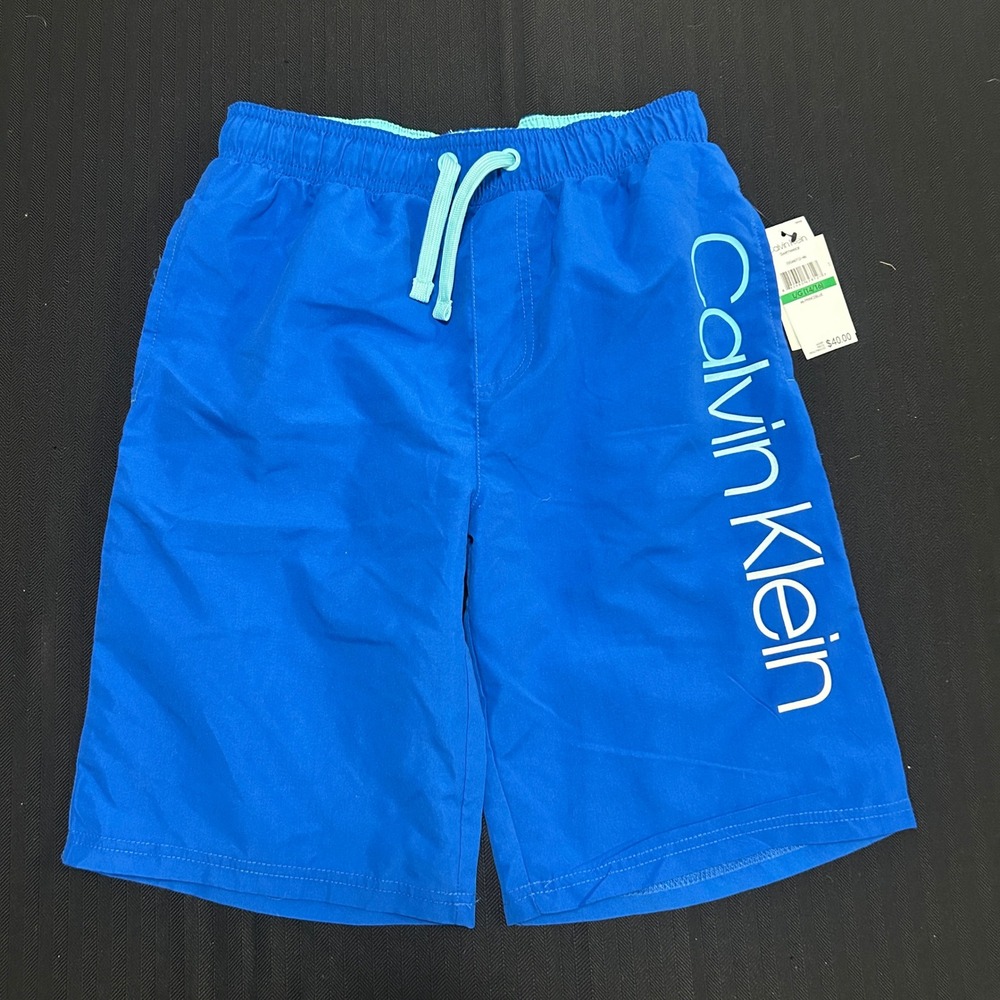 Calvin Klein Boys Blue Swim Trunks Board Shorts Logo Size L 14/16 NEW